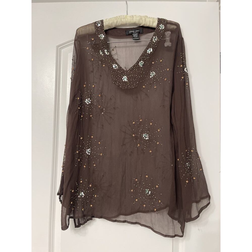 Donna Cody Silk 1X Brown Sheer Sequin Beaded V-Neck Blouse Top Whimsigoth Y2K - Picture 4 of 7